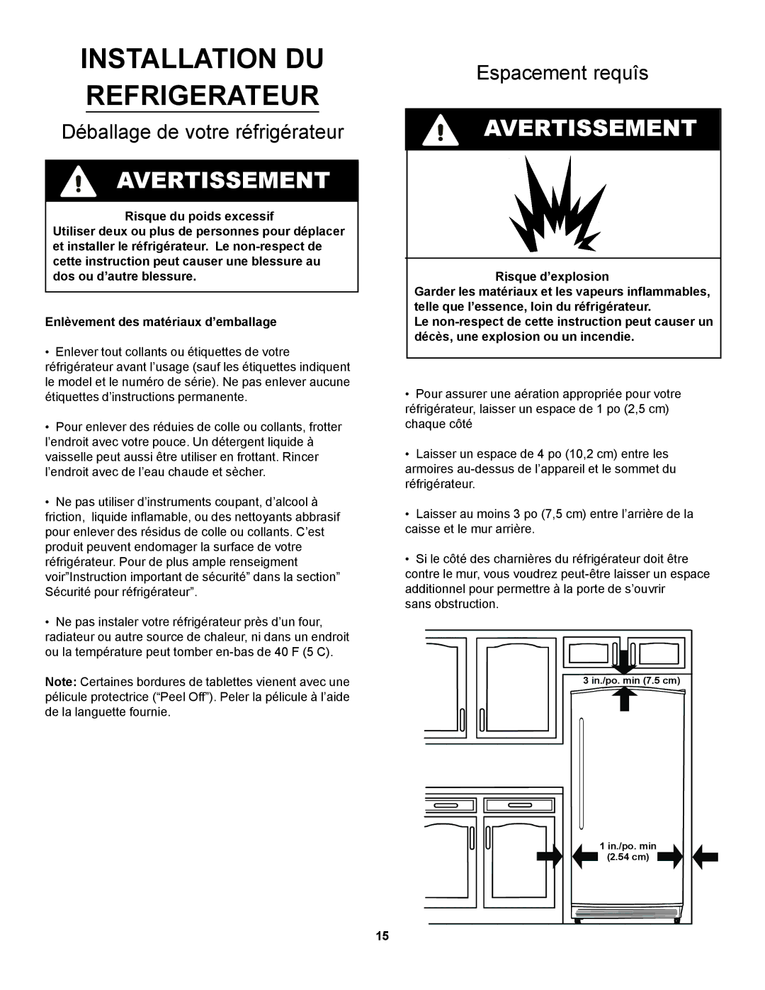 Danby D1866WE manual Installation DU Refrigerateur, Déballage de votre réfrigérateur, Espacement requîs 