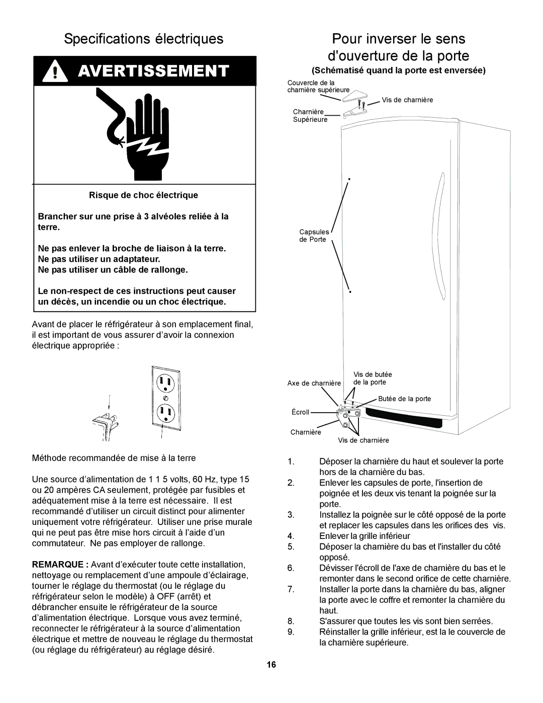 Danby D1866WE manual Specifications électriques, Pour inverser le sens douverture de la porte 