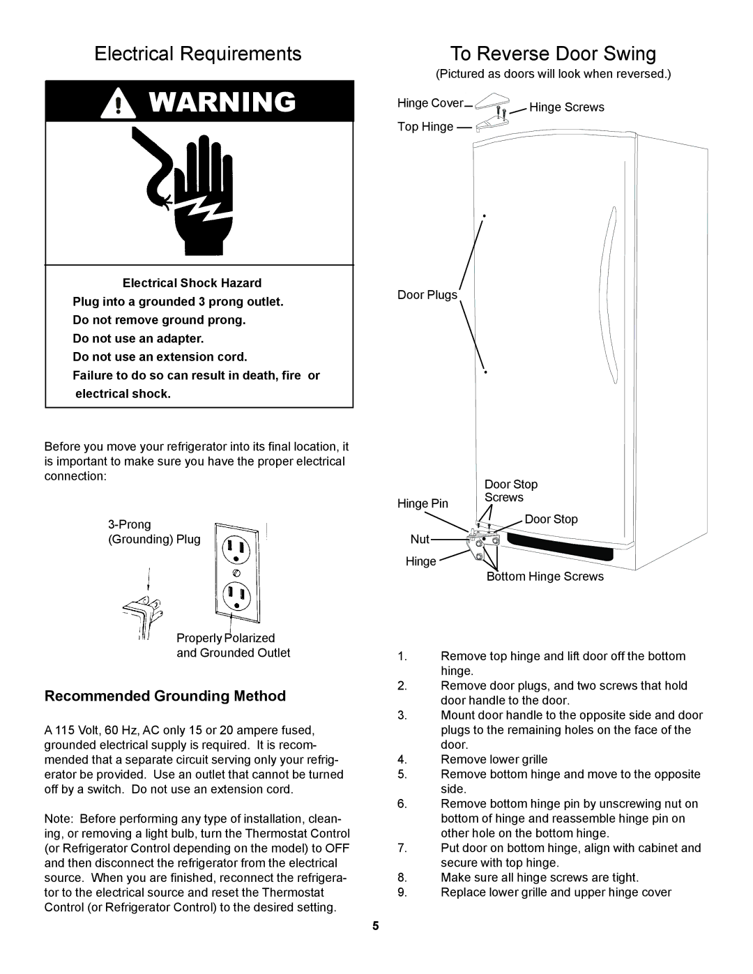 Danby D1866WE manual Electrical Requirements, To Reverse Door Swing, Recommended Grounding Method 