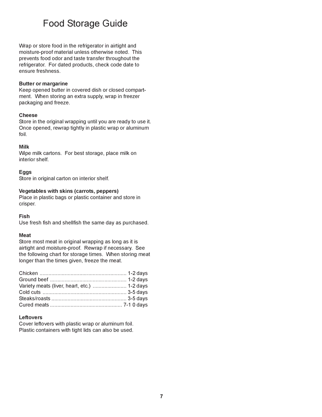 Danby D1866WE manual Food Storage Guide 