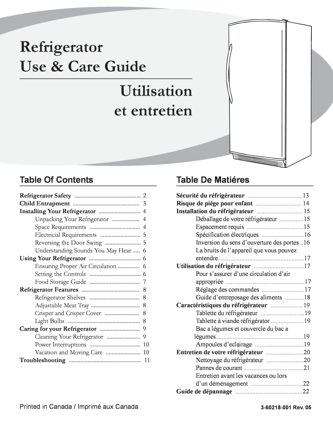 Danby D1866WE manual Refrigerator Use & Care Guide Utilisation et entretien, Table Of Contents, Table De Matiéres 