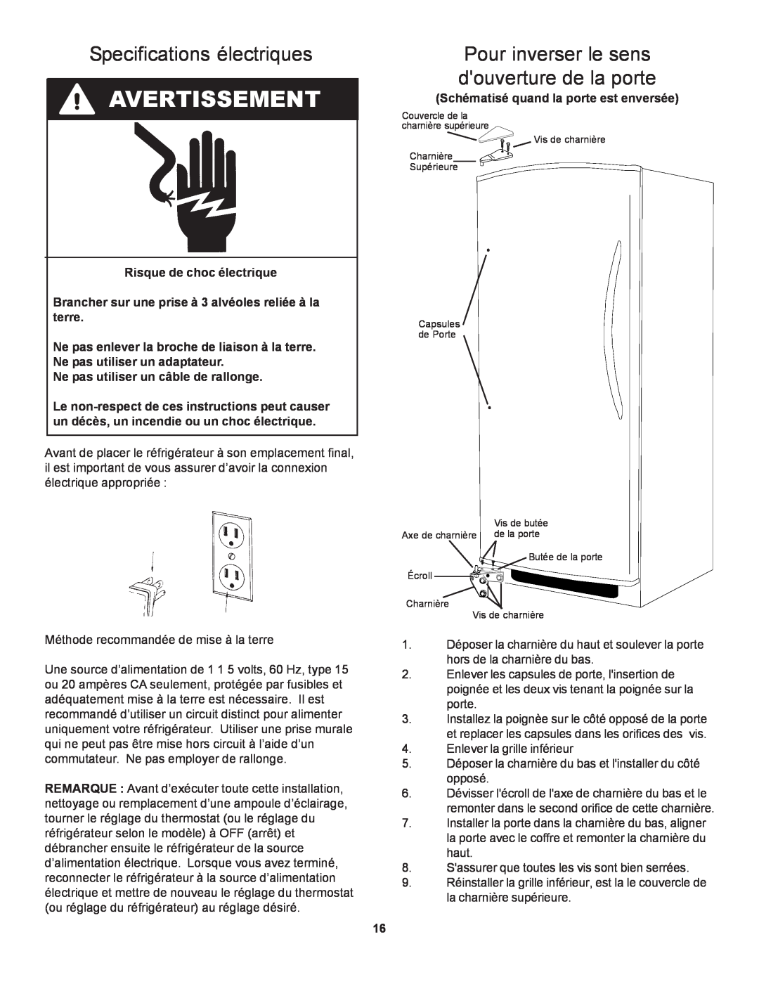 Danby D1866WE manual Specifications électriques, Pour inverser le sens douverture de la porte, Avertissement 