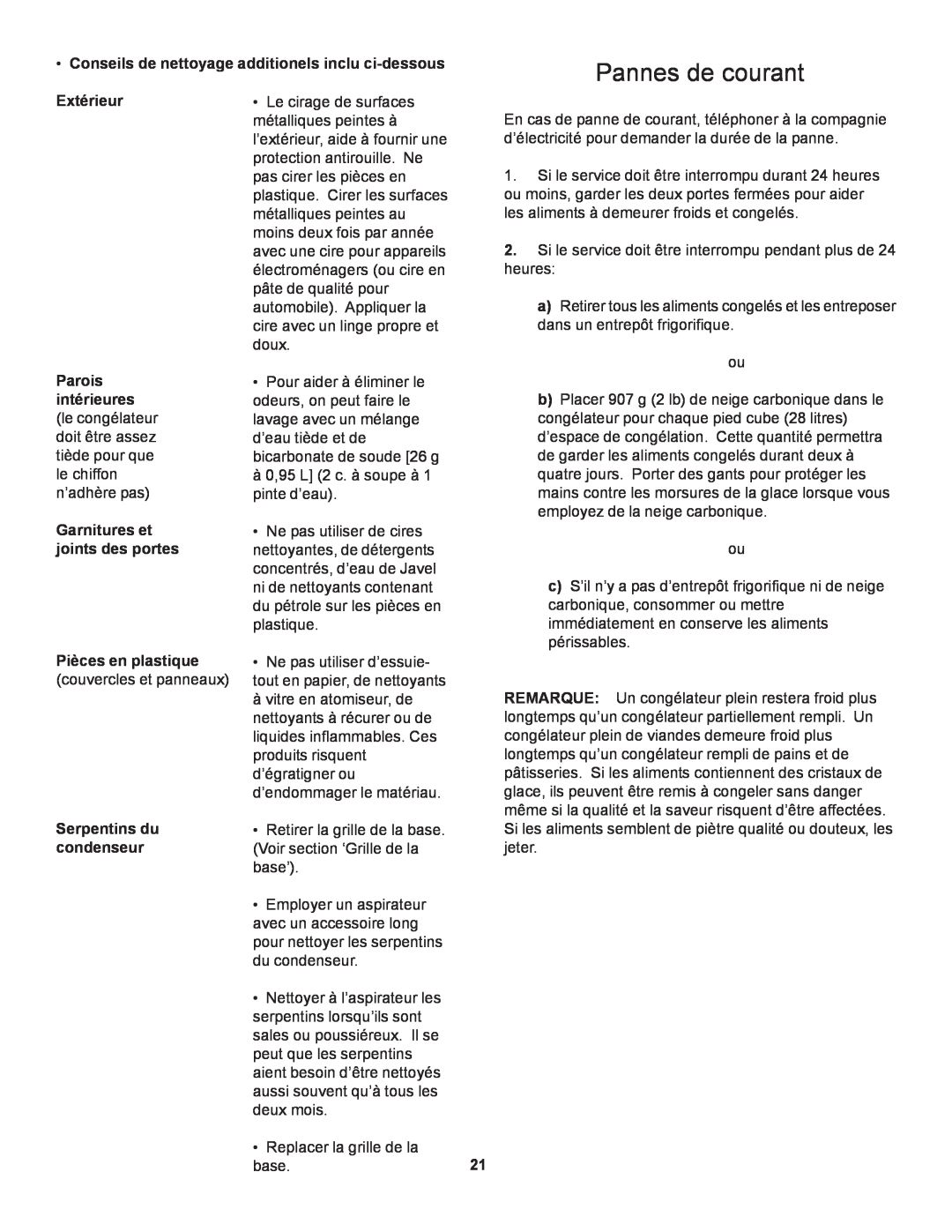 Danby D1866WE manual Pannes de courant, Conseils de nettoyage additionels inclu ci-dessous, Extérieur 
