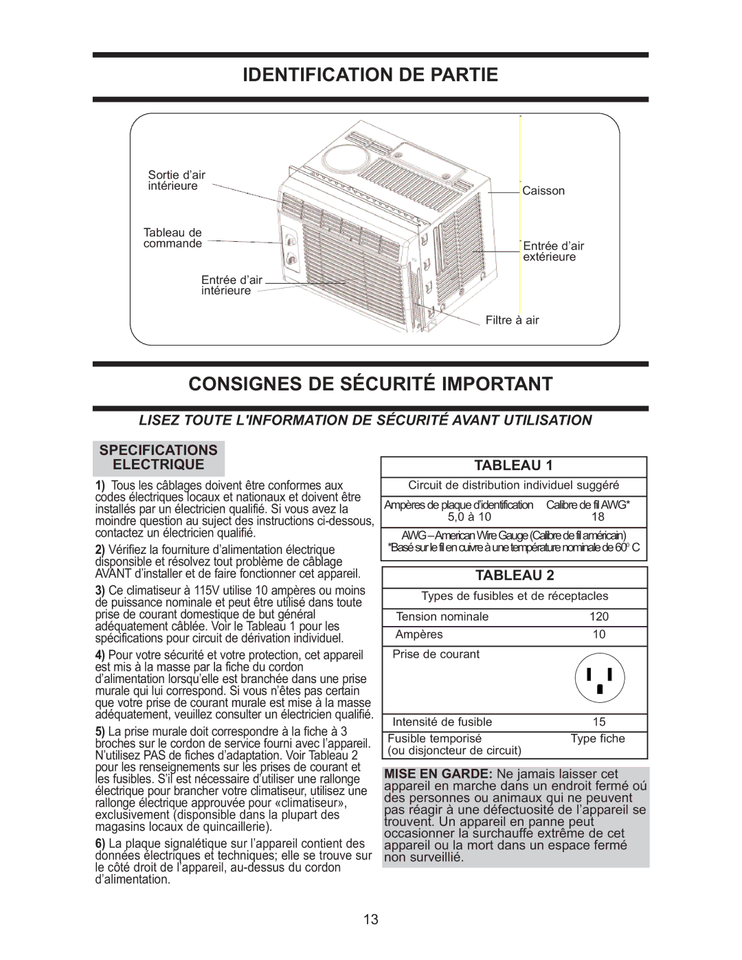 Danby DAC 5209M manual Identification DE Partie, Consignes DE Sécurité Important, Specifications Electrique, Tableau 