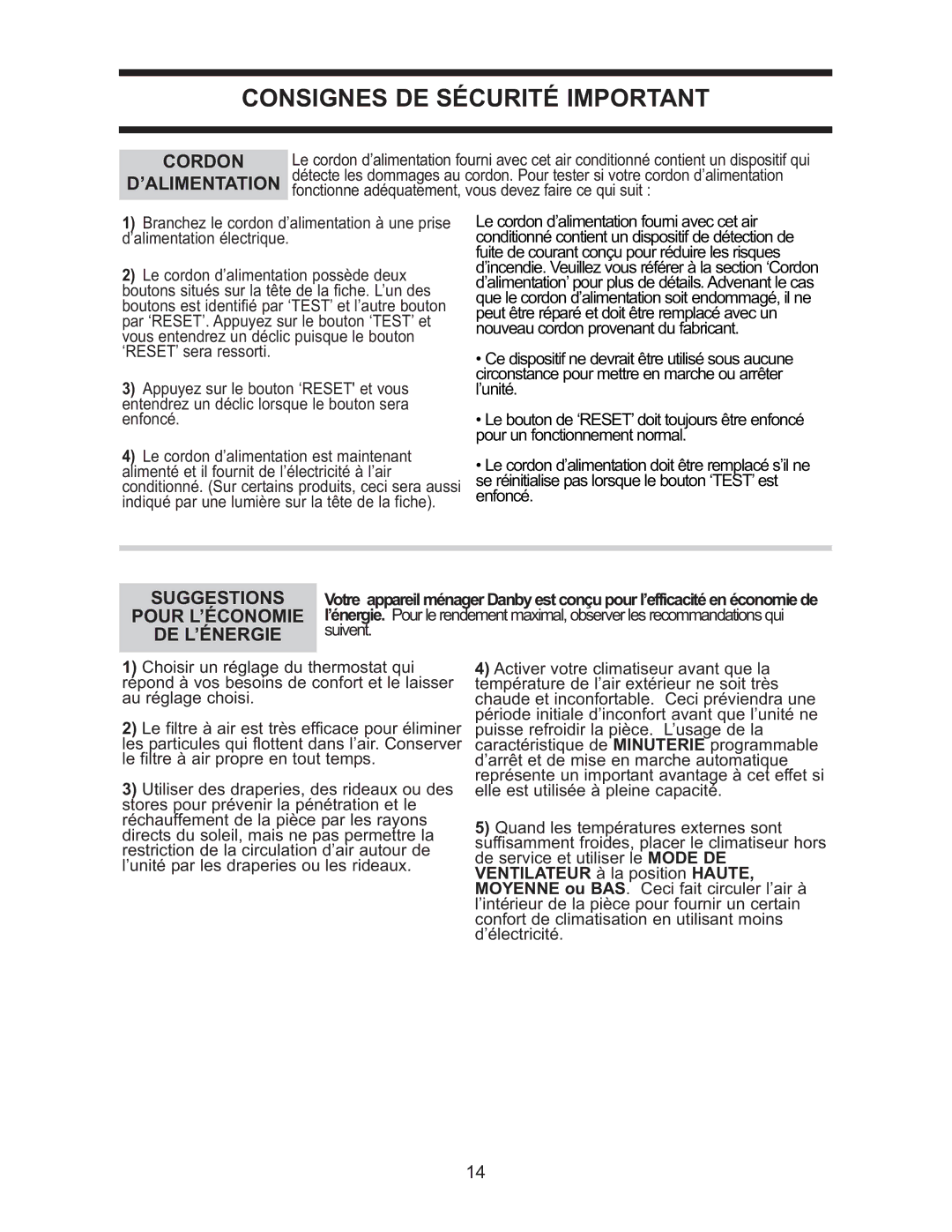 Danby DAC 5209M manual Cordon, Suggestions, ’Alimentation, Pour L’ÉCONOMIE, De L’Énergie 