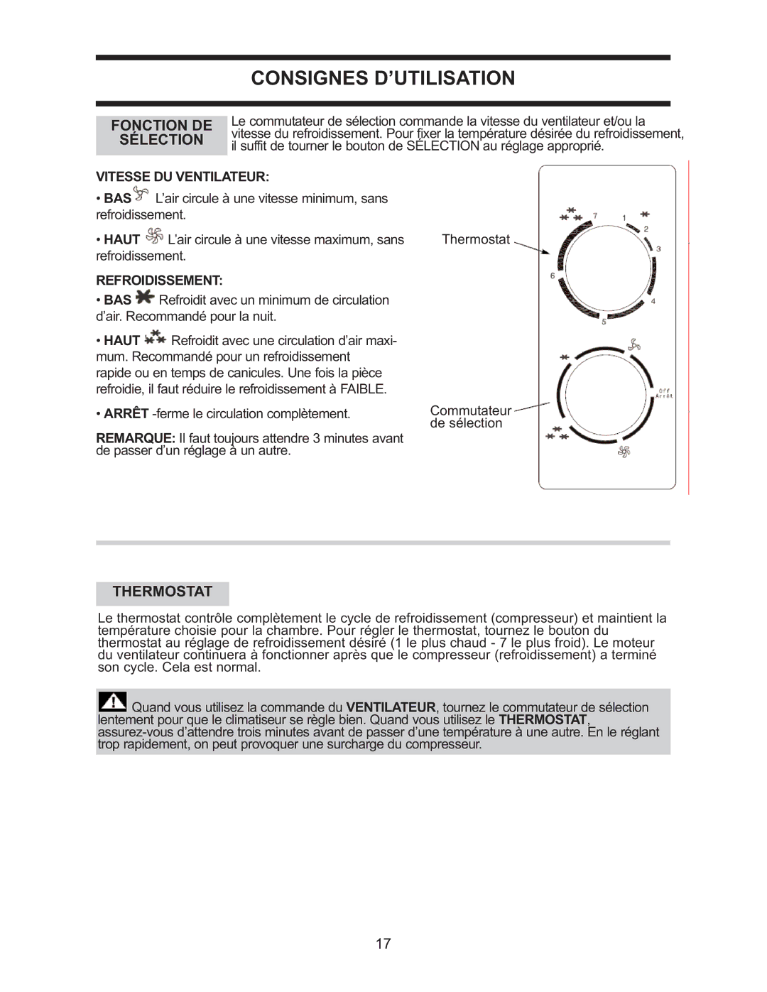 Danby DAC 5209M manual Consignes D’UTILISATION, Fonction DE, Sélection, Vitesse DU Ventilateur, Refroidissement 