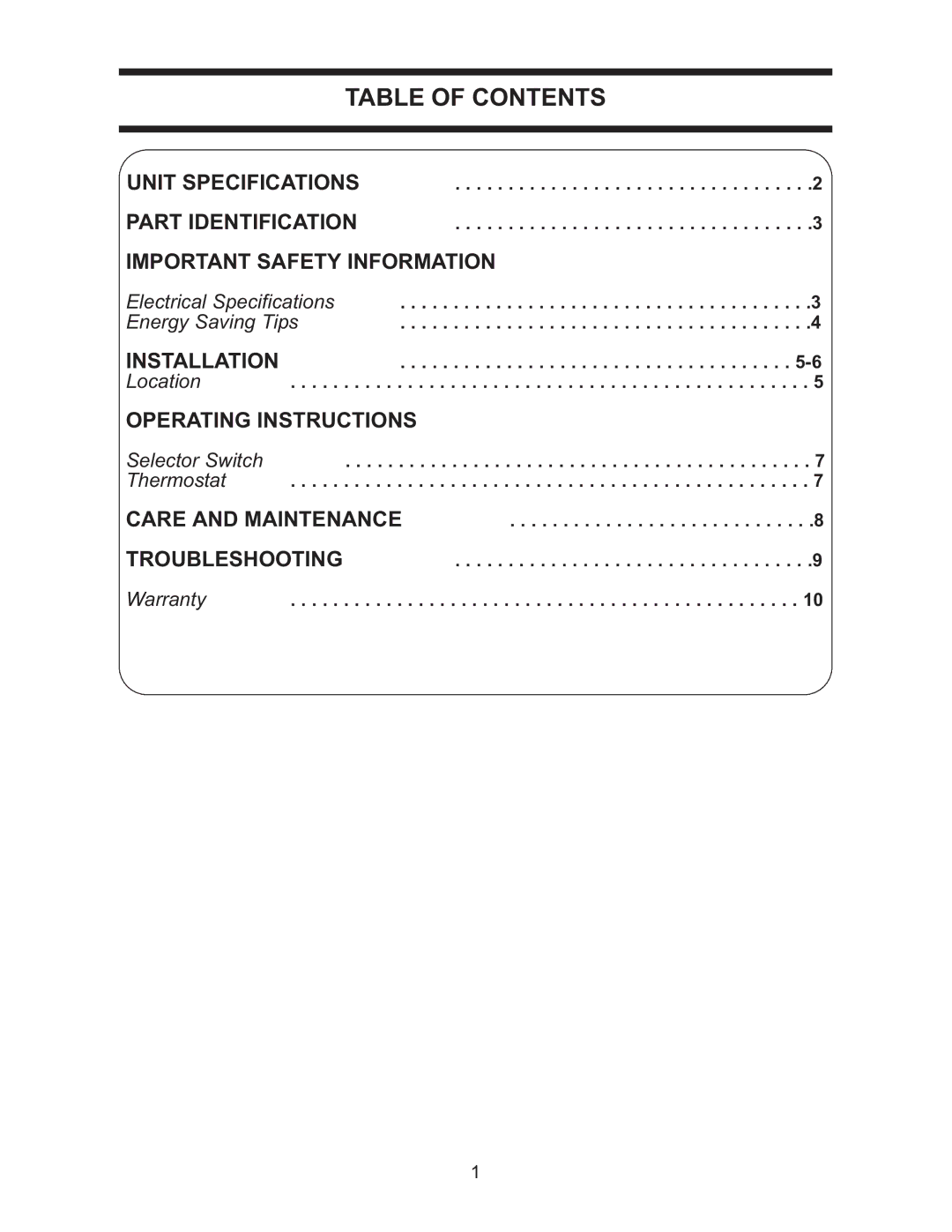 Danby DAC 5209M manual Table of Contents 