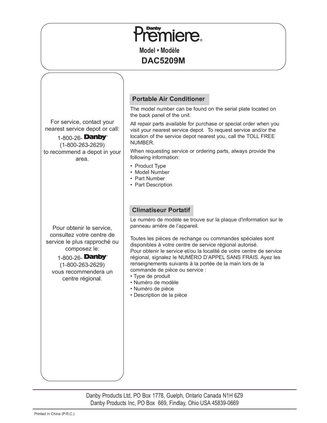 Danby DAC 5209M manual DAC5209M, Portable Air Conditioner 