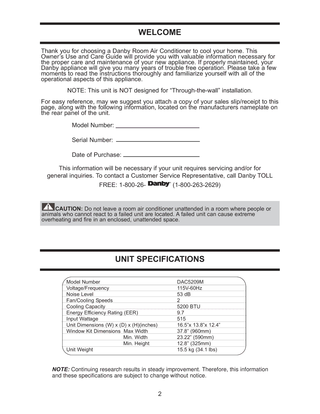 Danby DAC 5209M manual Welcome, Unit Specifications 