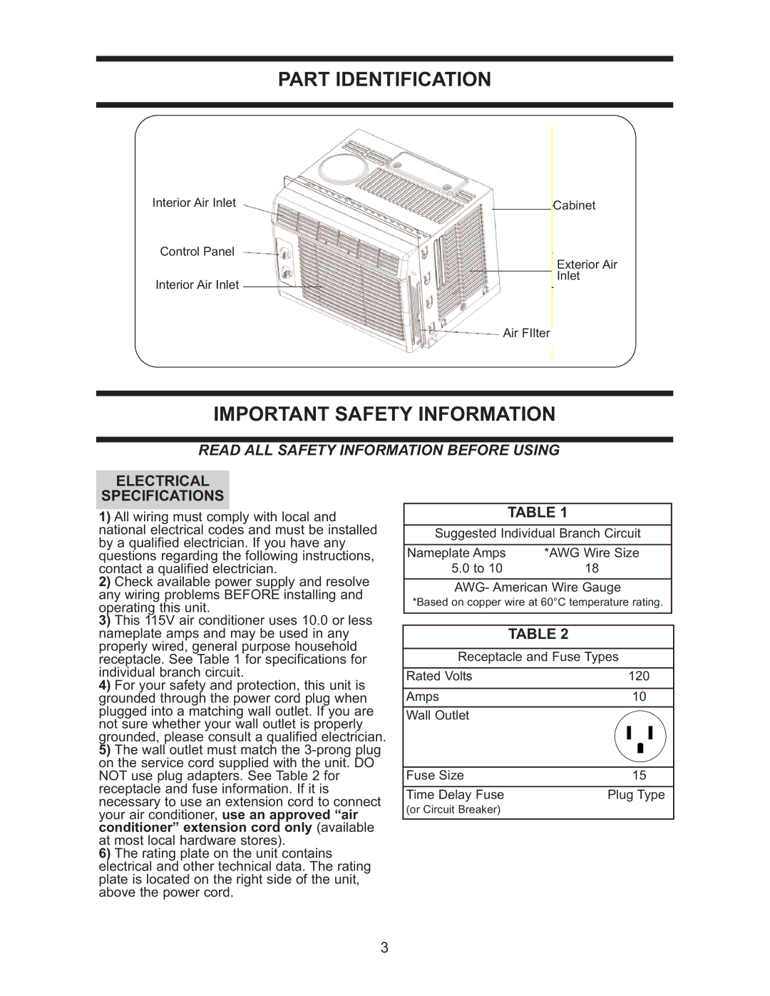 Danby DAC 5209M manual Part Identification, Important Safety Information, Electrical Specifications 