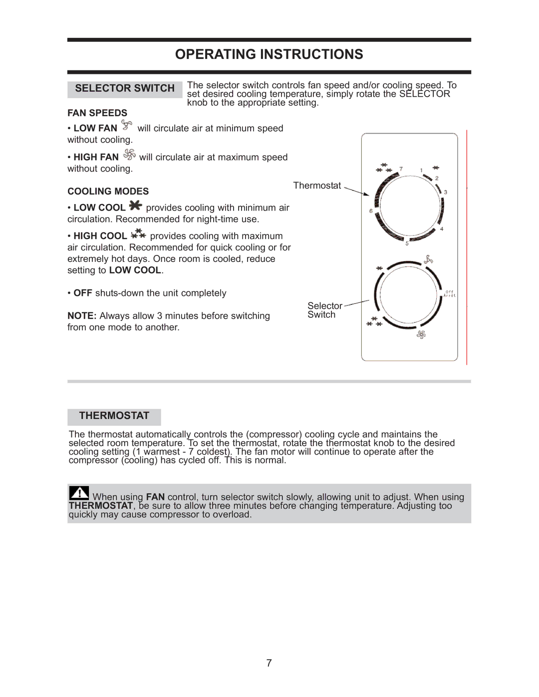 Danby DAC 5209M manual Operating Instructions, Thermostat, Selector Switch 