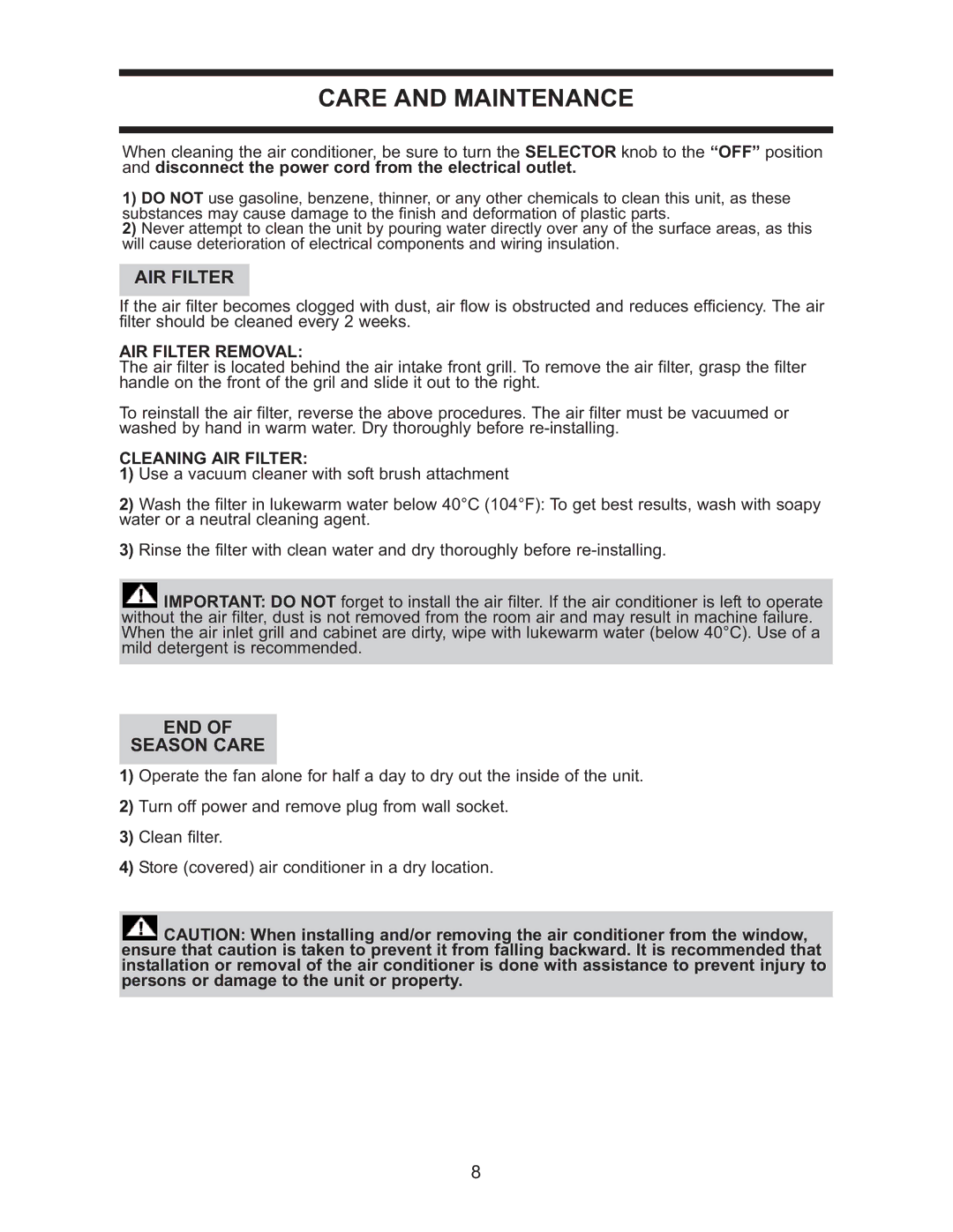Danby DAC 5209M manual Care and Maintenance, END Season Care, AIR Filter Removal, Cleaning AIR Filter 