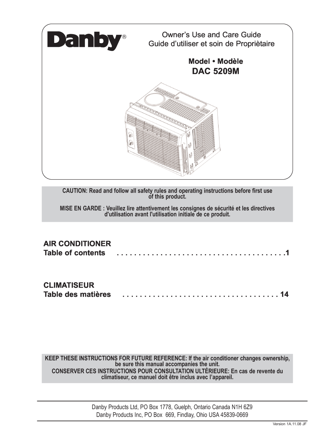 Danby DAC 5209M manual Model Modèle, Air Conditioner, Table of contents, Climatiseur, Table des matières 