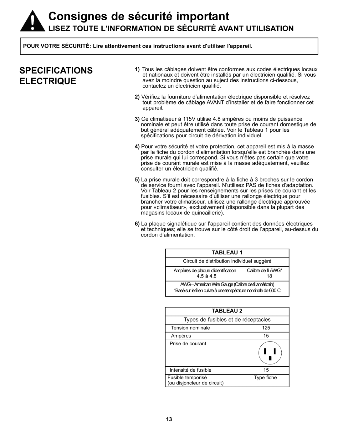 Danby DAC050MB1GB manual Consignes de sécurité important, Specifications Electrique, Tableau 