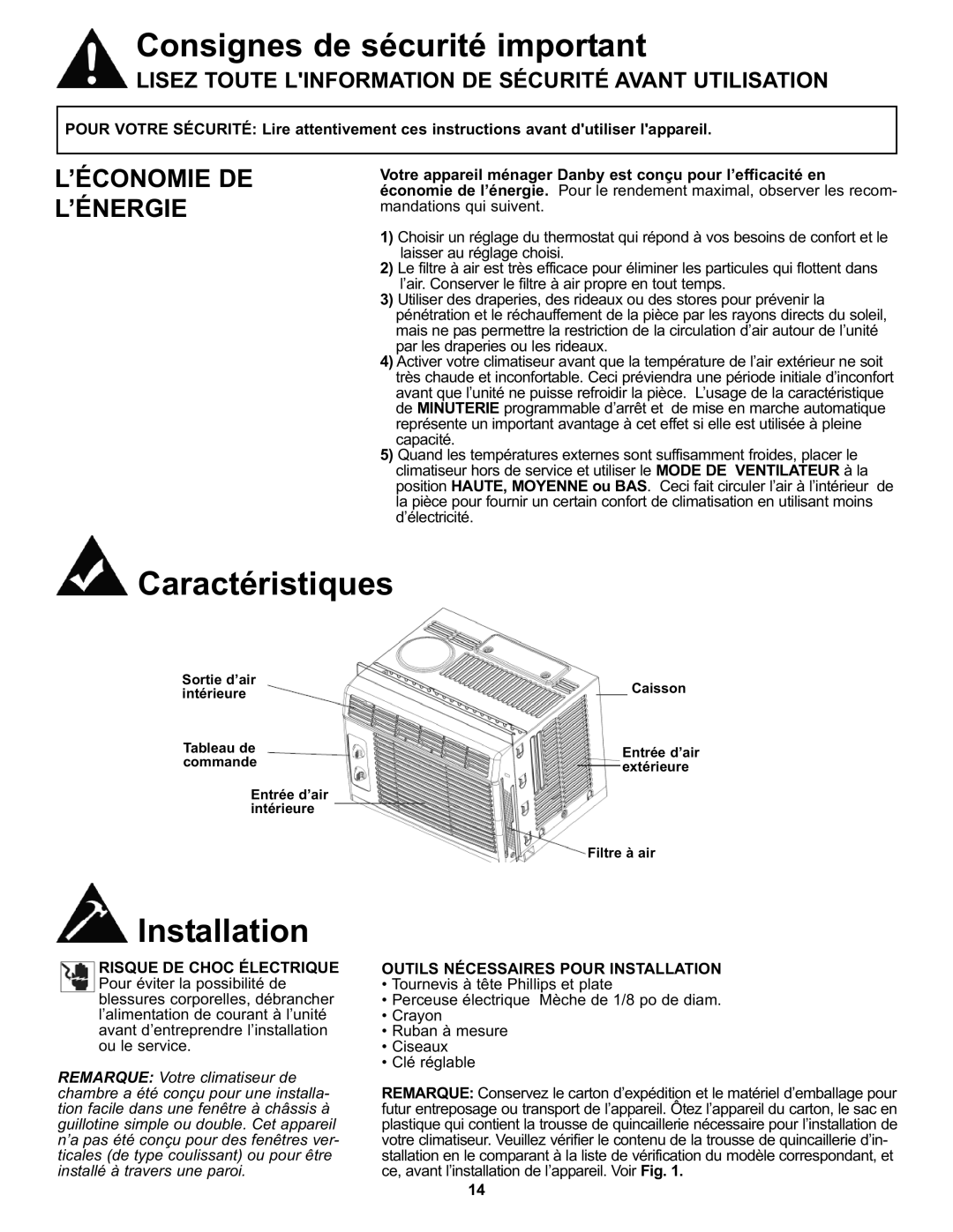 Danby DAC050MB1GB manual Caractéristiques, ’Économie De L’Énergie, Outils Nécessaires Pour Installation 