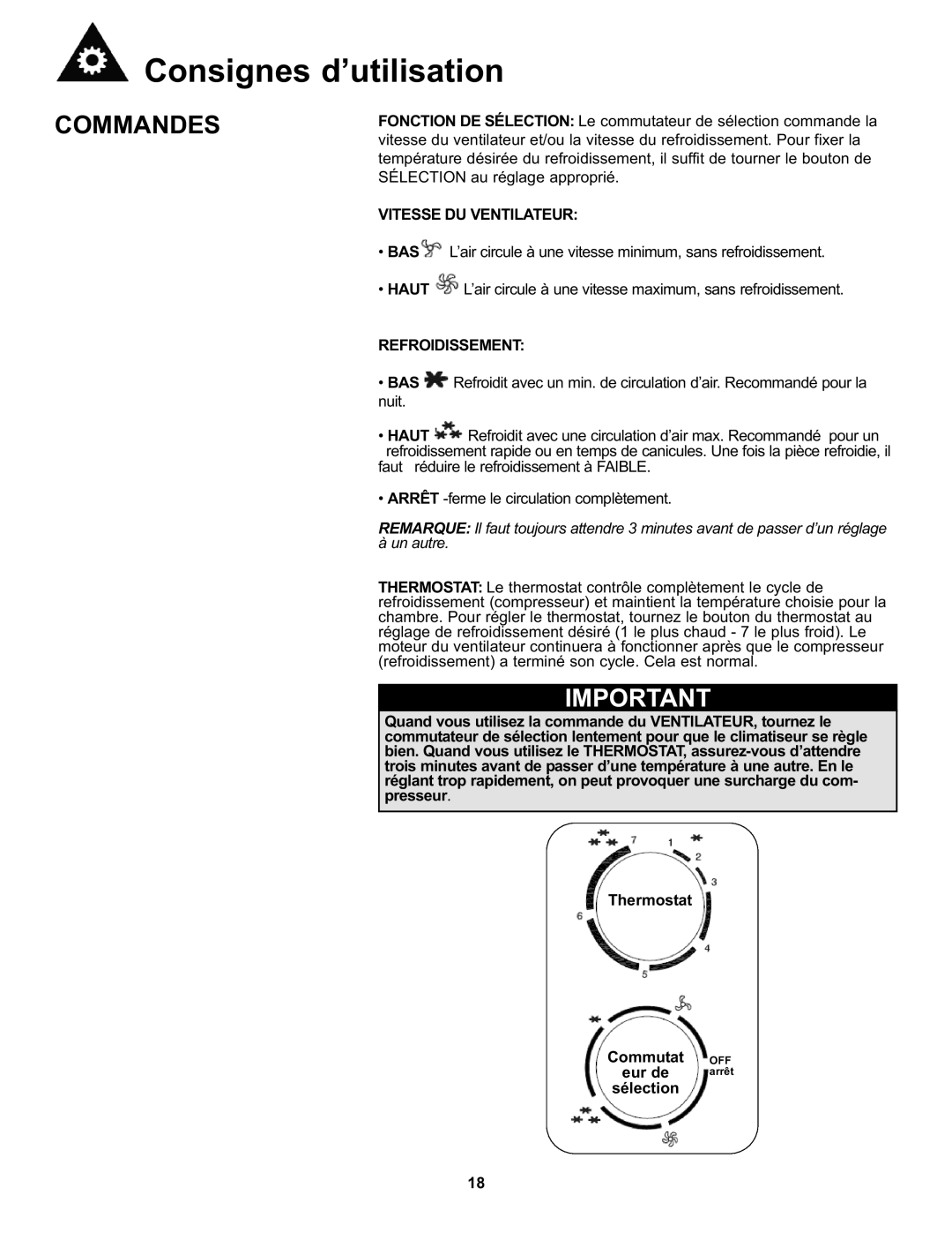 Danby DAC050MB1GB manual Consignes d’utilisation, Commandes, Vitesse DU Ventilateur, Refroidissement 