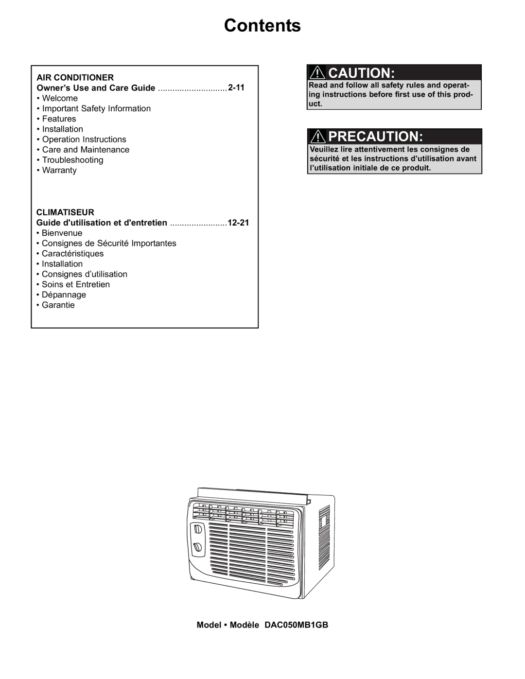 Danby DAC050MB1GB manual Contents 