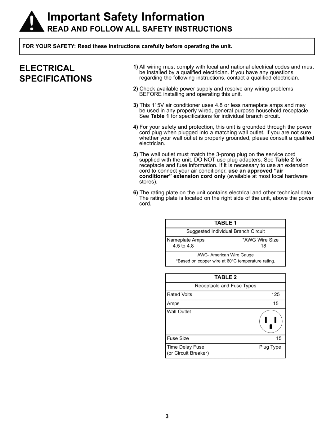 Danby DAC050MB1GB manual Important Safety Information, Electrical Specifications 