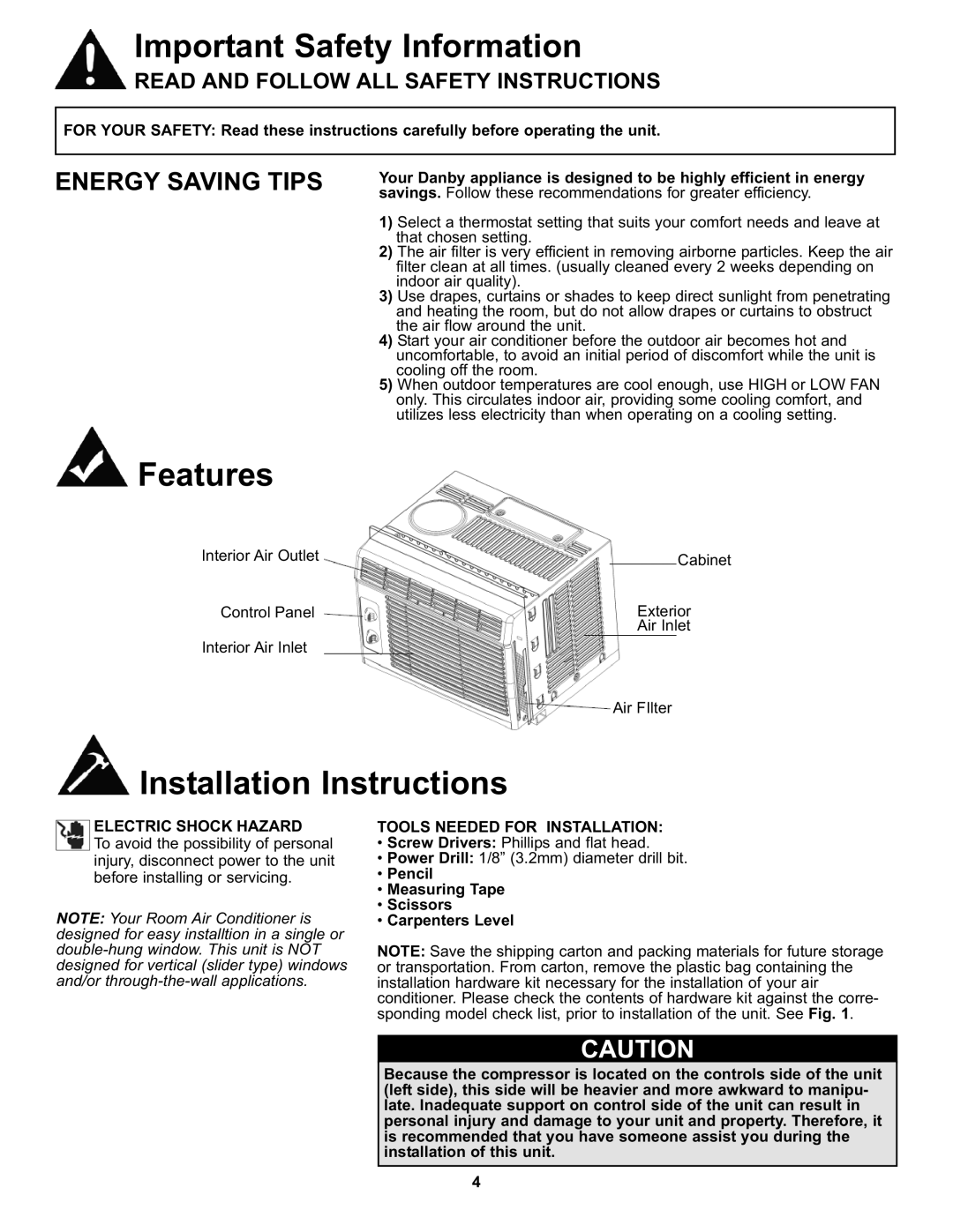 Danby DAC050MB1GB manual Features, Installation Instructions, Energy Saving Tips, Electric Shock Hazard 