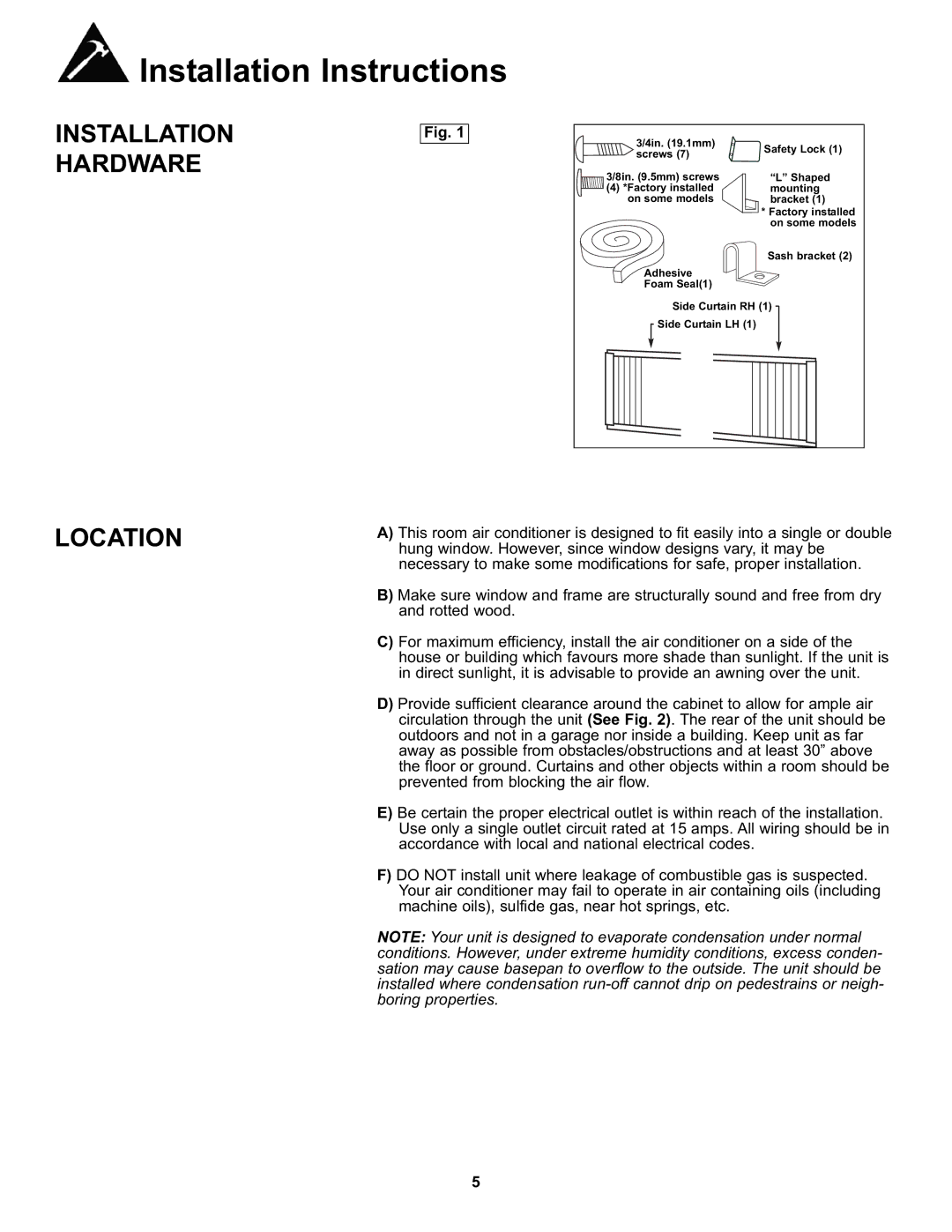 Danby DAC050MB1GB manual Installation Hardware, Location 