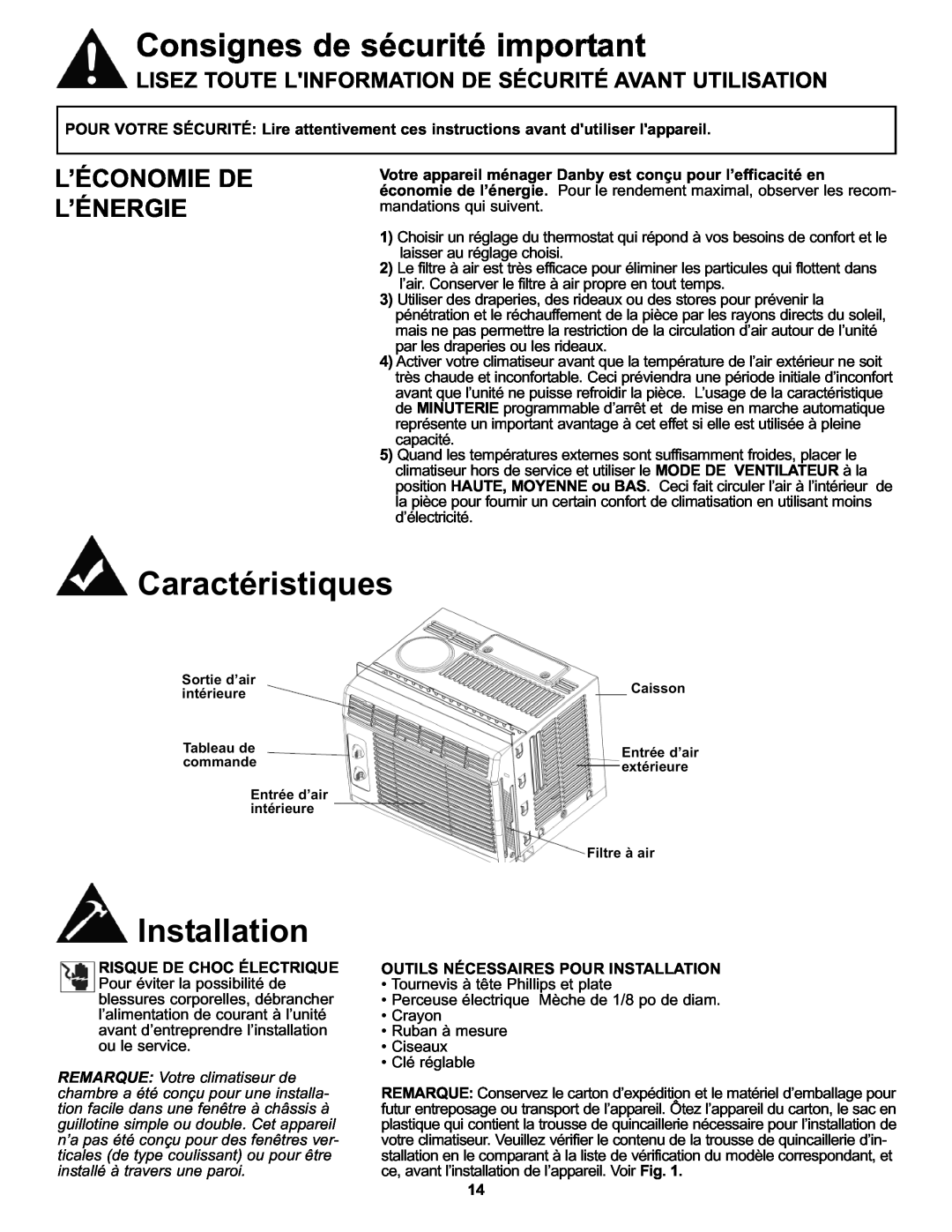 Danby DAC050MB1GB manual Caractéristiques, L’Économie De L’Énergie, Outils Nécessaires Pour Installation 