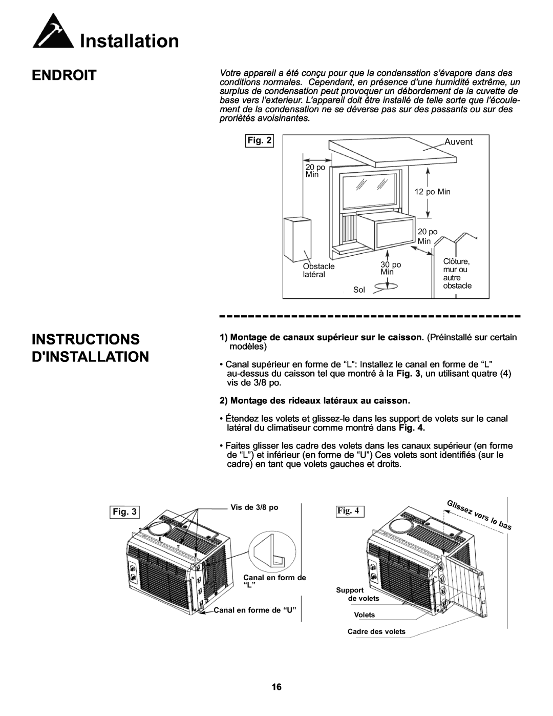 Danby DAC050MB1GB manual Instructions Dinstallation, Montage des rideaux latéraux au caisson, Installation, Endroit 