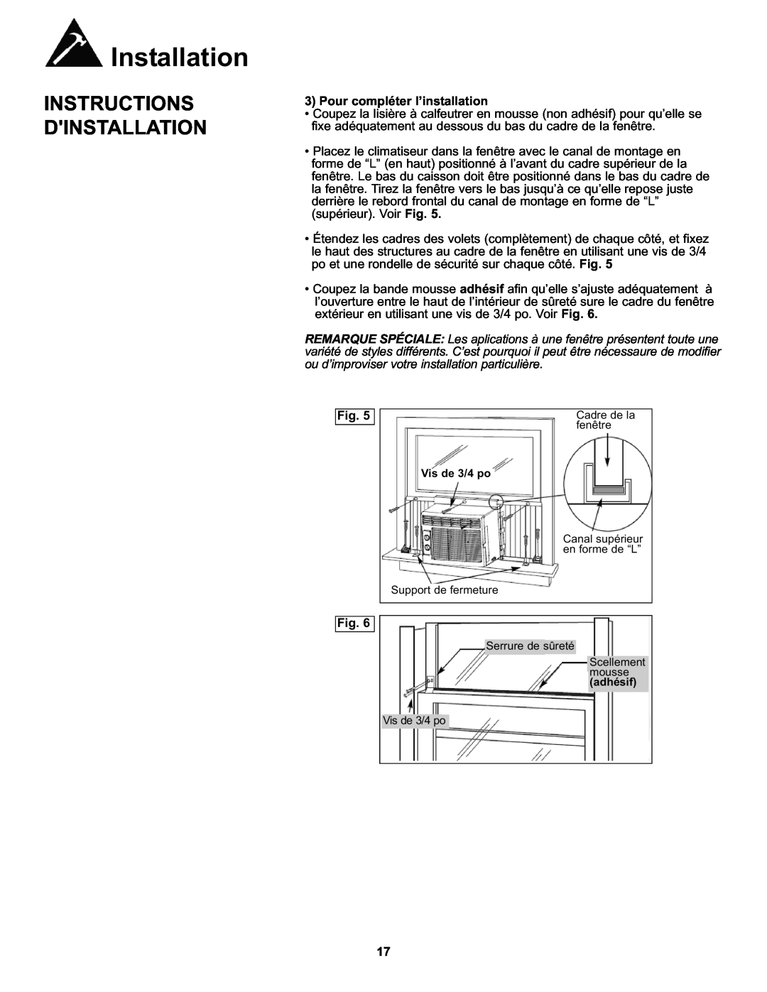 Danby DAC050MB1GB manual Pour compléter l’installation, Installation, Instructions Dinstallation 