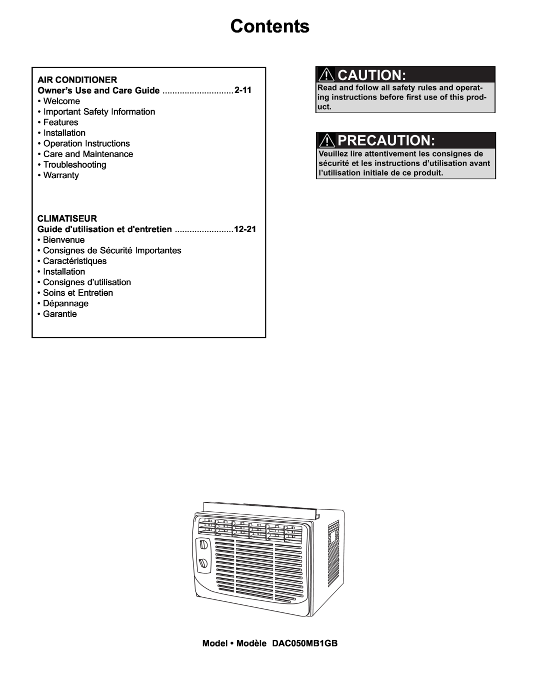 Danby manual Contents, Precaution, Air Conditioner, 2-11, Climatiseur, 12-21, Model Modèle DAC050MB1GB 