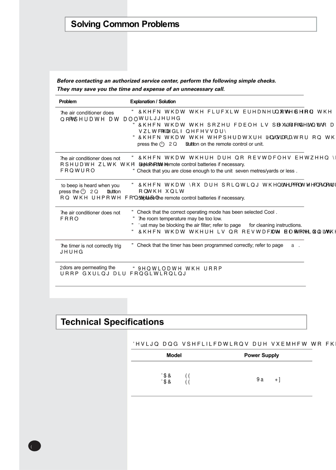 Danby dac10507ee, dac12070ee manual 6ROYLQJ&RPPRQ3UREOHPV, 7HFKQLFDO6SHFLILFDWLRQV 