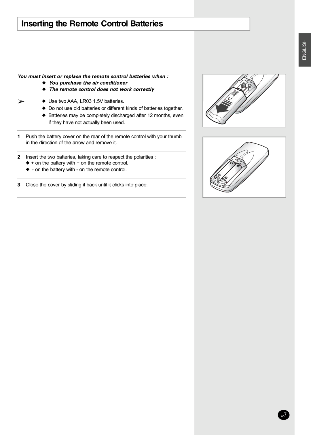 Danby dac12070ee, dac10507ee manual Inserting the Remote Control Batteries 