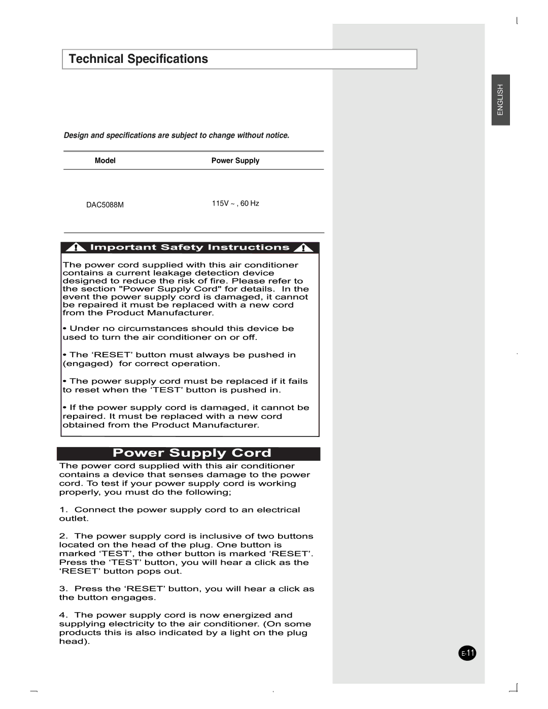 Danby DAC5088M manuel dutilisation Technical Specifications 