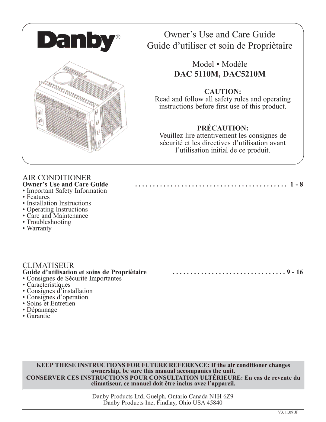 Danby DAC5110M installation instructions DAC 5110M, DAC5210M 