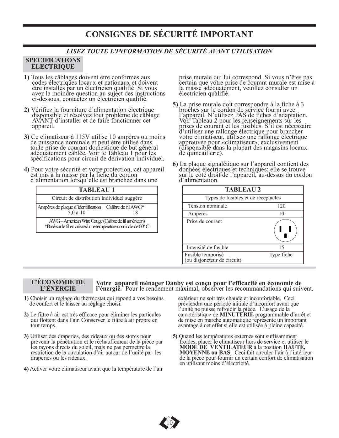 Danby DAC5210M, DAC5110M Consignes DE Sécurité Important, Specifications Electrique, Tableau, ’Économie De, ’Énergie 
