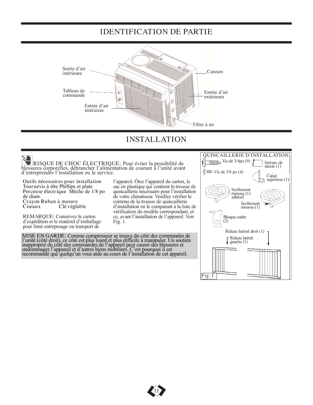 Danby DAC5110M, DAC5210M installation instructions Identification DE Partie, Installation 