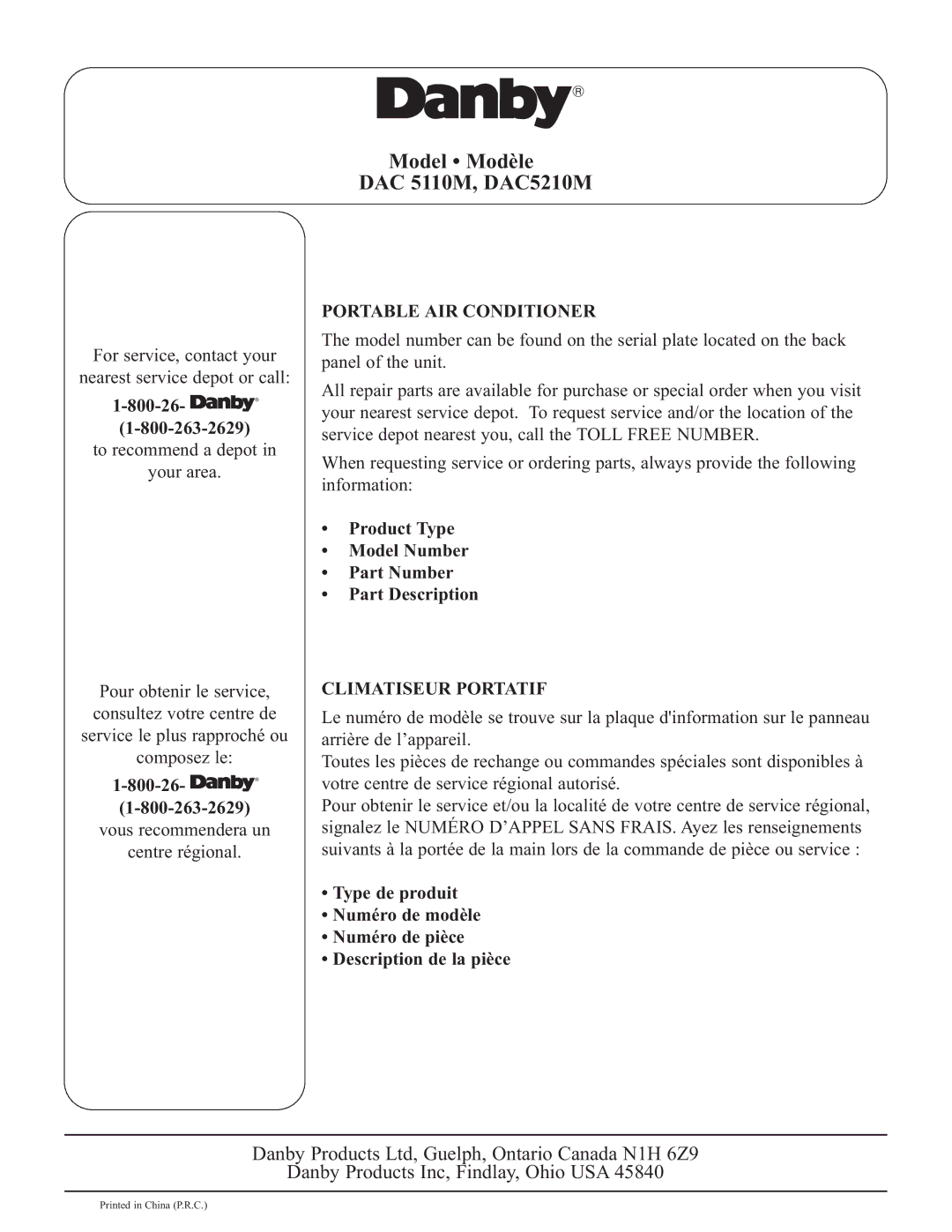 Danby DAC5210M Portable AIR Conditioner, Product Type Model Number Part Number Part Description, Climatiseur Portatif 