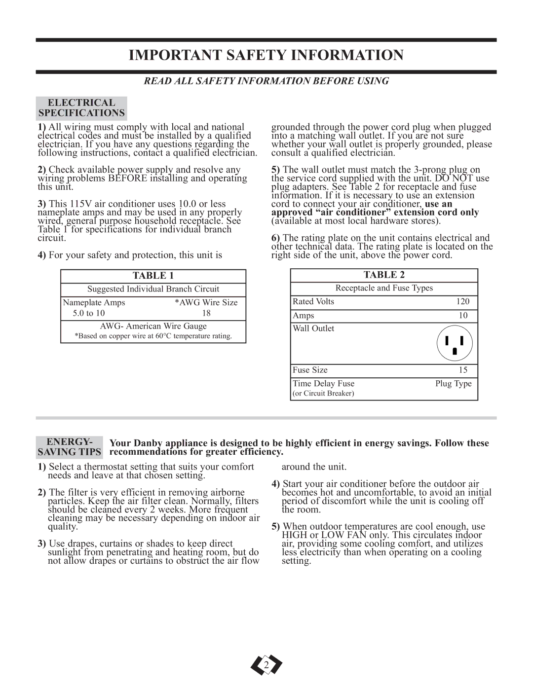 Danby DAC5110M Important Safety Information, Electrical Specifications, Energy, Recommendations for greater efficiency 