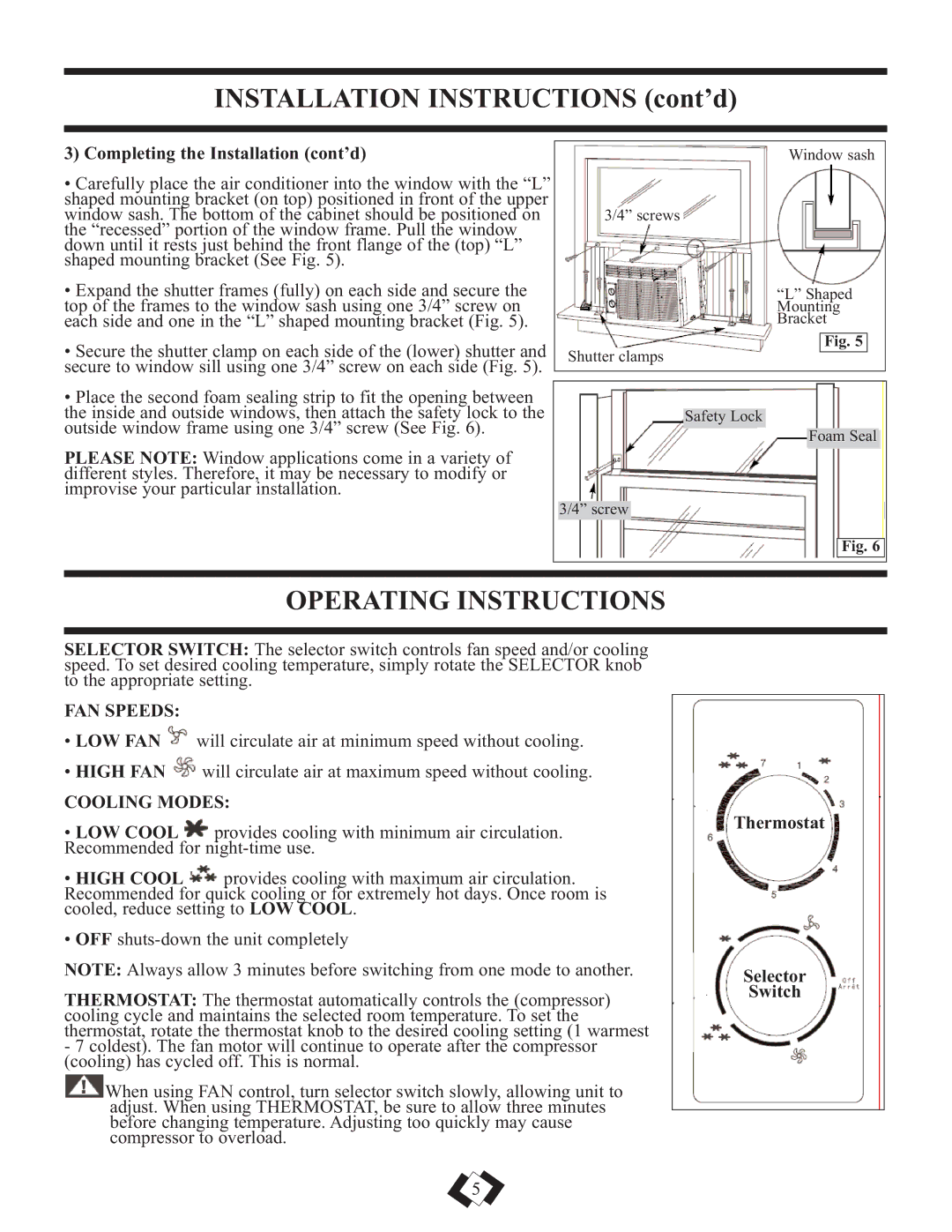 Danby DAC5210M, DAC5110M Operating Instructions, Completing the Installation cont’d, FAN Speeds, Cooling Modes 