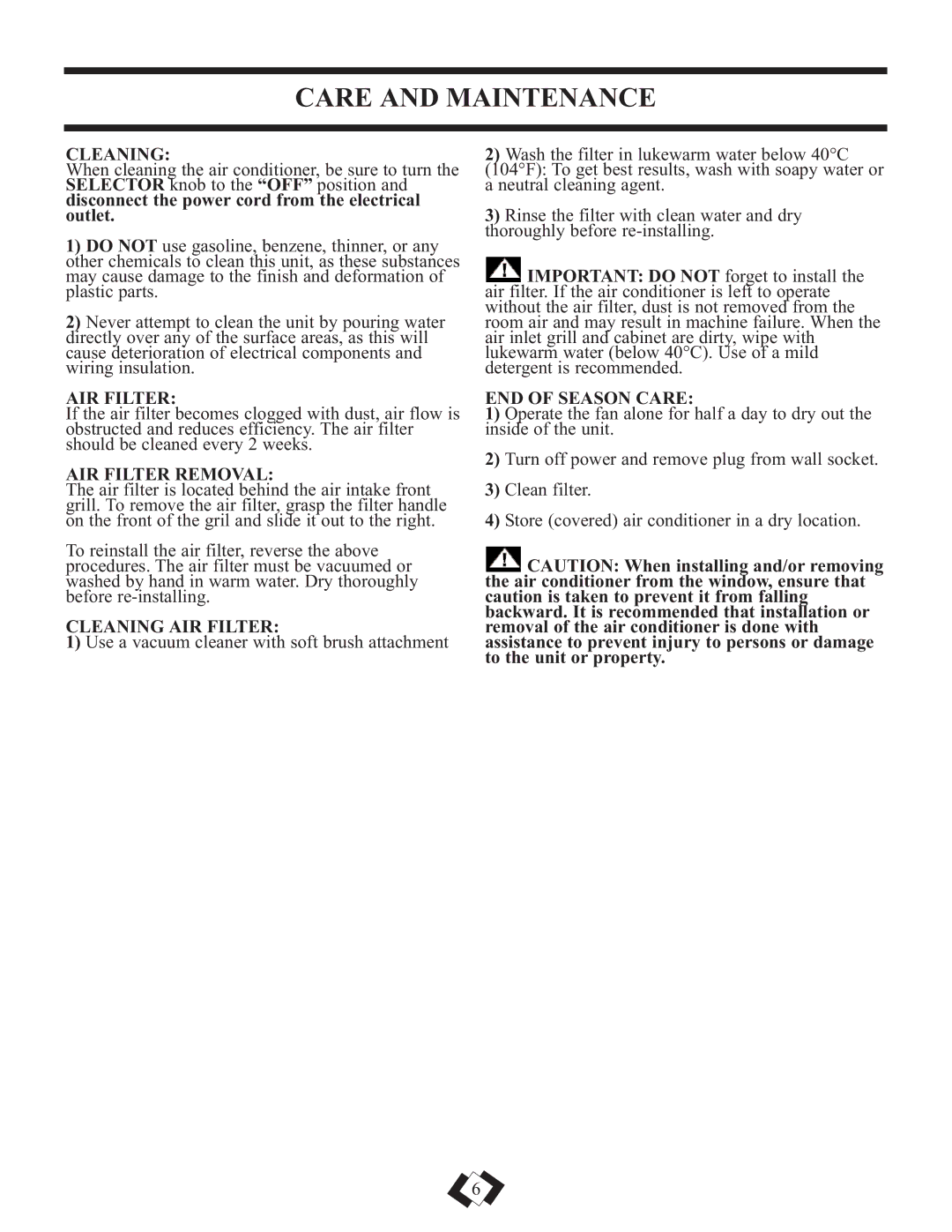 Danby DAC5110M, DAC5210M installation instructions Care and Maintenance 