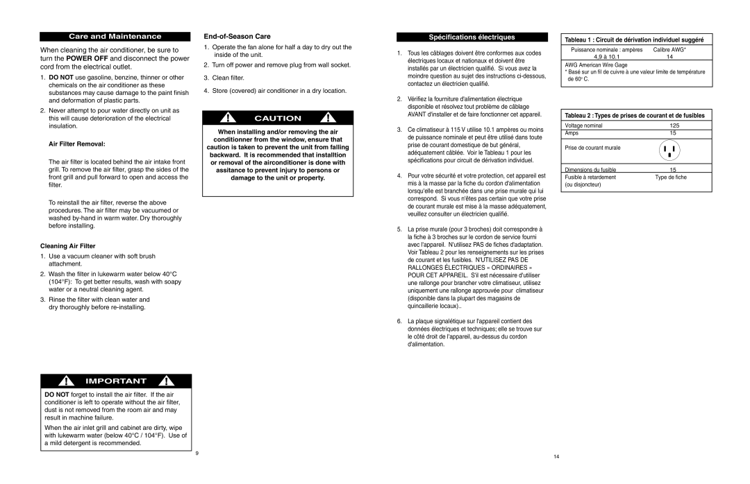 Danby DAC12060DE, DAC6006DE Care and Maintenance, End-of-Season Care, Spécifications électriques, Air Filter Removal 