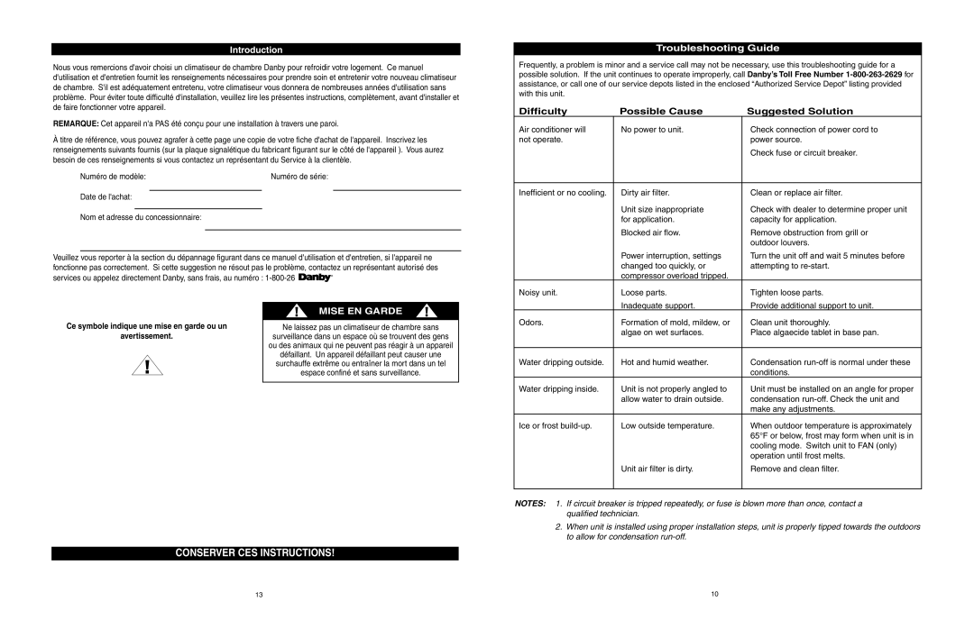 Danby DAC10066DE, DAC6006DE Troubleshooting Guide, Introduction, Ce symbole indique une mise en garde ou un Avertissement 