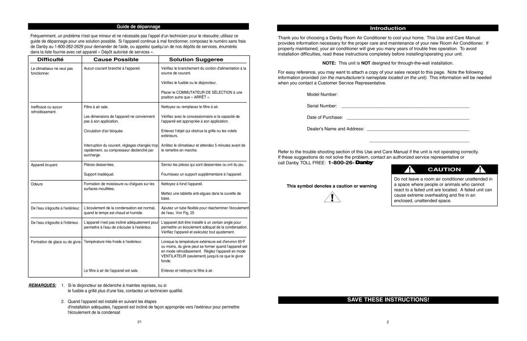 Danby DAC12666DE, DAC6006DE, DAC8006DE, DAC7006DE Introduction, Guide de dépannage, Call Danby Toll Free 1-800-26-Danby 