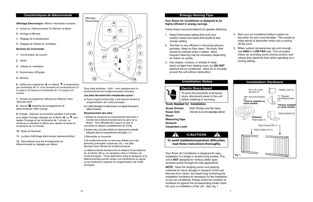 Danby DAC10066DE Energy-Saving Tips, Installation Notes, Installation Hardware, Caractéristiques de télécommande 