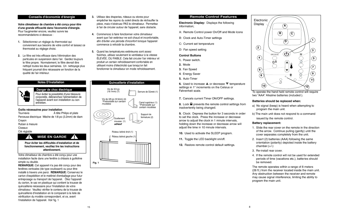 Danby DAC12666DE Remote Control Features, Conseils déconomie dénergie, Electronic Display, Quincaillerie dinstallation 