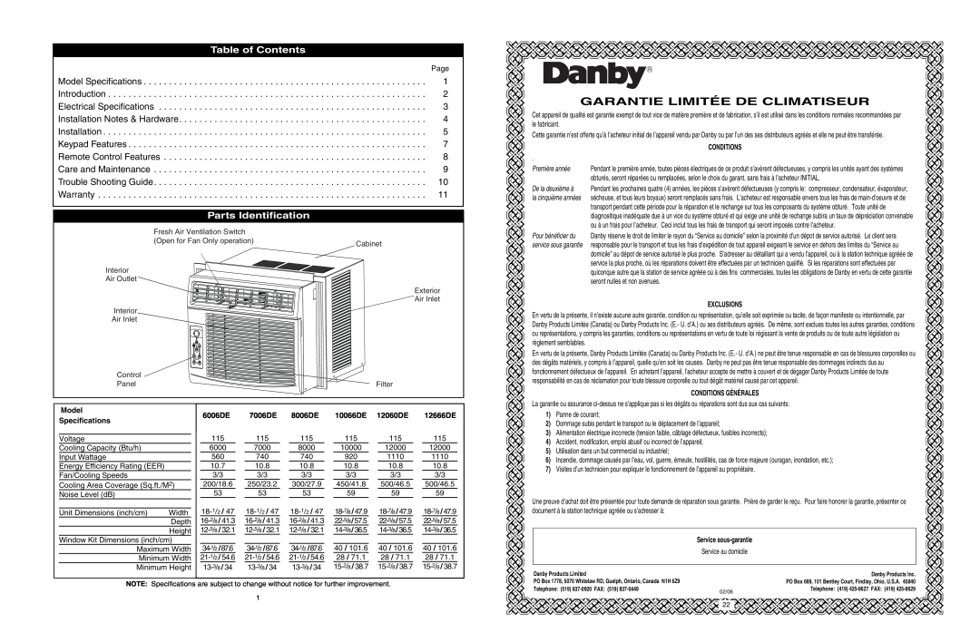 Danby DAC7006DE, DAC6006DE, DAC8006DE, DAC12666DE Table of Contents, Parts Identification, Garantie Limitée De Climatiseur 