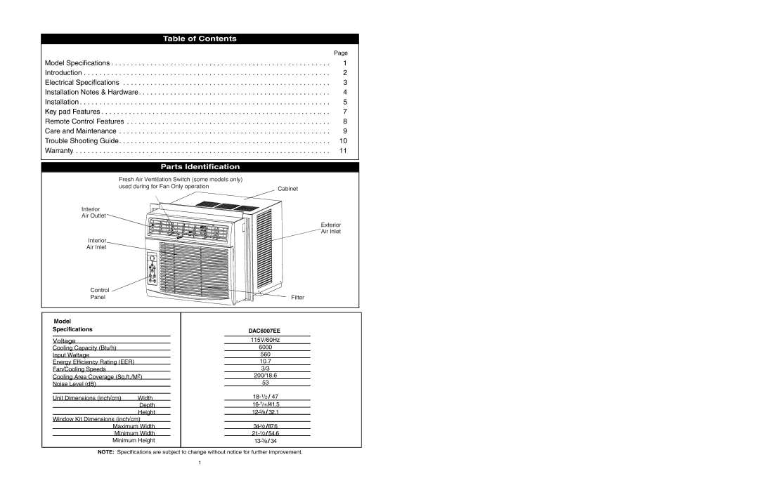 Danby DAC6007EE manuel dutilisation Table of Contents, Parts Identification 