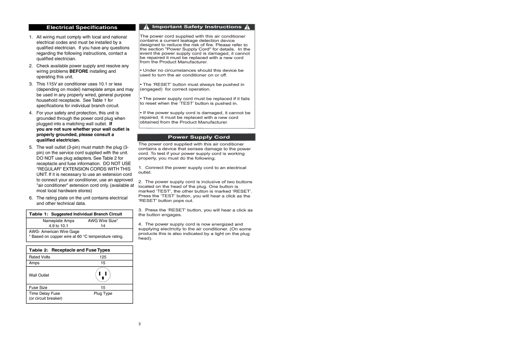 Danby DAC6007EE manuel dutilisation Electrical Specifications, Receptacle and Fuse Types 