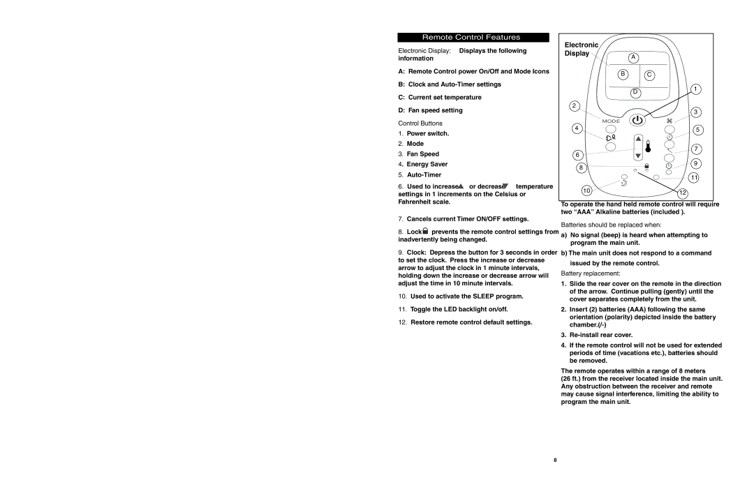 Danby DAC6007EE manuel dutilisation Remote Control Features, Electronic Display 