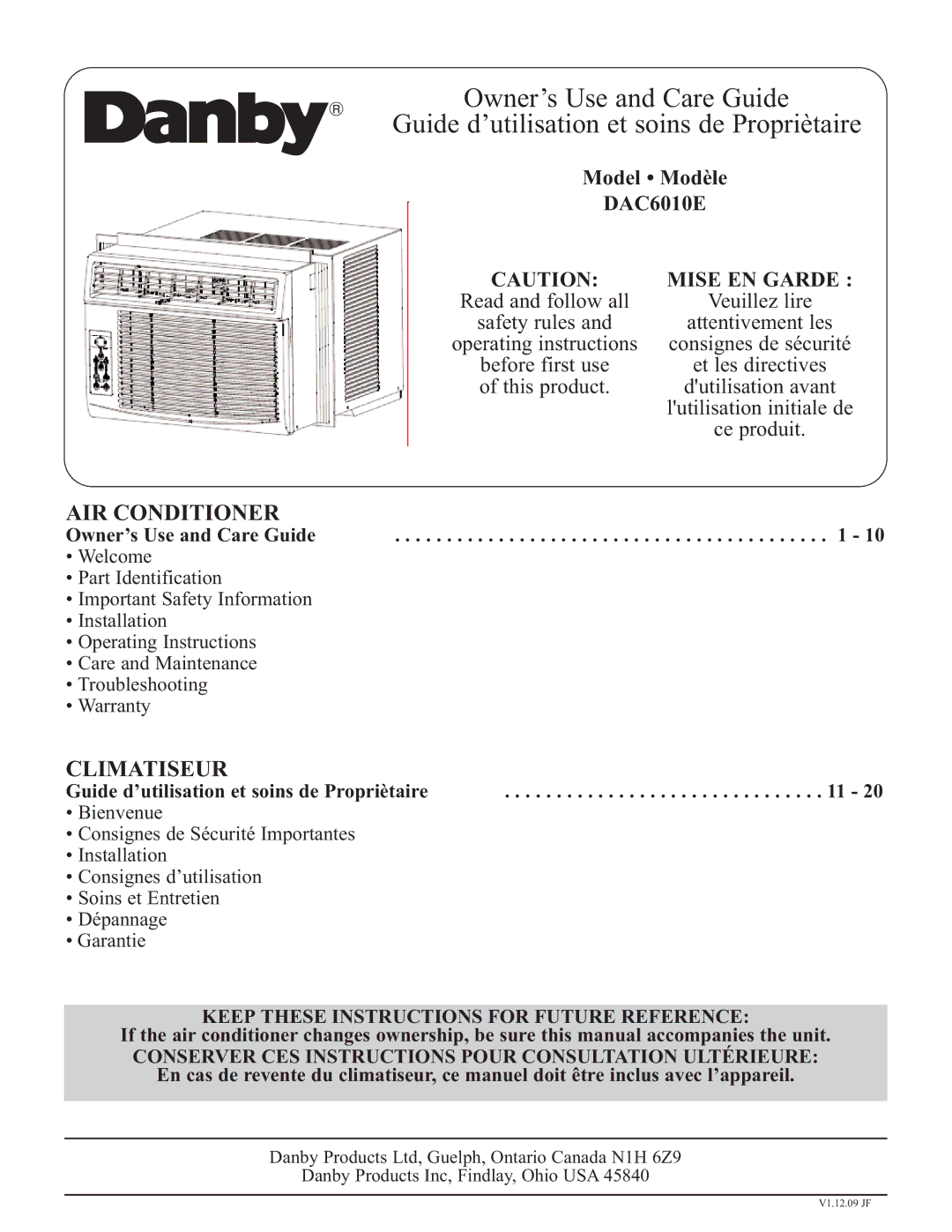 Danby DAC6010E warranty Mise EN Garde, Keep These Instructions for Future Reference 