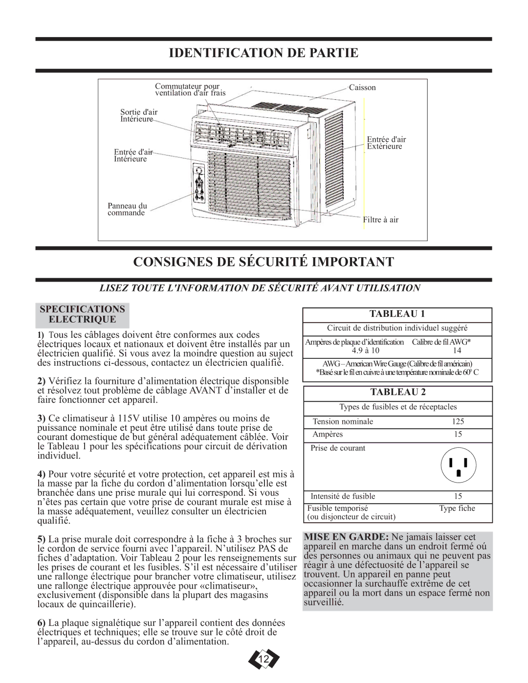 Danby DAC6010E warranty Identification DE Partie, Consignes DE Sécurité Important, Specifications Electrique, Tableau 