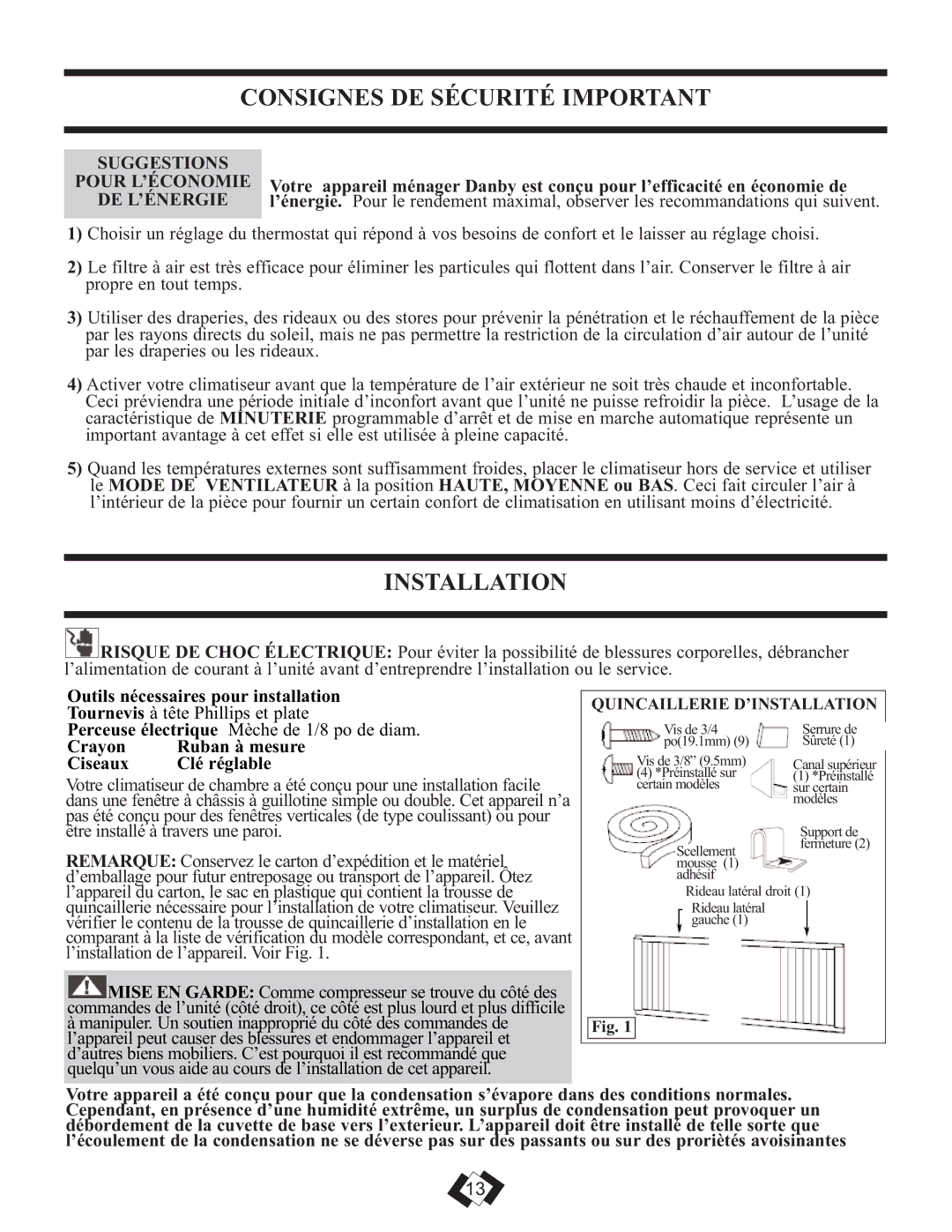 Danby DAC6010E warranty Suggestions, Crayon Ruban à mesure Ciseaux Clé réglable 